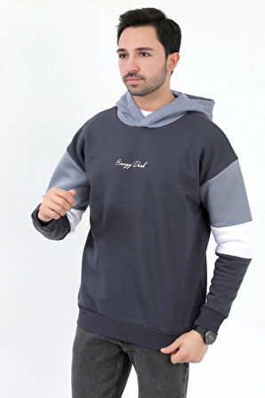 Erkek Kapüşonlu Sweatshirt Füme 3 İplik Şardonlu Baskılı Garnili Ribanalı Hoodie - 5299