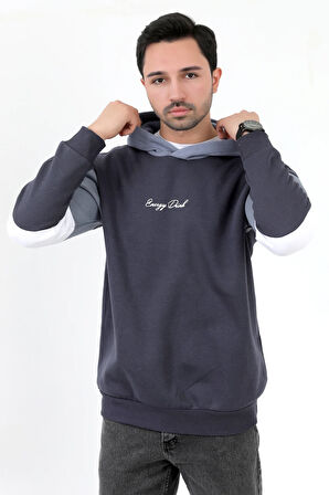 Erkek Kapüşonlu Sweatshirt Füme 3 İplik Şardonlu Baskılı Garnili Ribanalı Hoodie - 5299