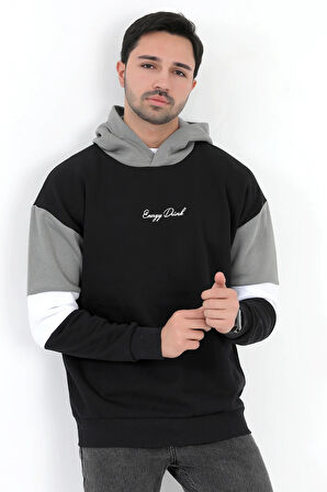 Erkek Kapüşonlu Sweatshirt Siyah 3 İplik Şardonlu Baskılı Garnili Ribanalı Hoodie - 5299