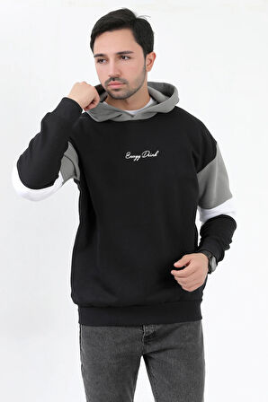 Erkek Kapüşonlu Sweatshirt Siyah 3 İplik Şardonlu Baskılı Garnili Ribanalı Hoodie - 5299