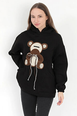 Kadın Siyah Garnili Ayıcık Nakışlı Cepli 3 İplik Şardonlu Kapüşonlu Sweatshirt - 2551