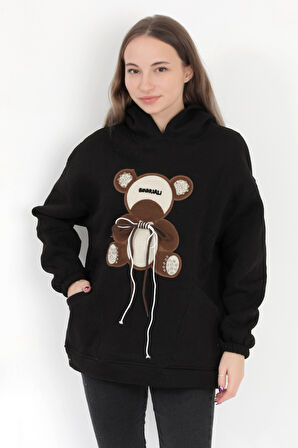Kadın Siyah Garnili Ayıcık Nakışlı Cepli 3 İplik Şardonlu Kapüşonlu Sweatshirt - 2551