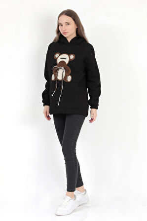 Kadın Siyah Garnili Ayıcık Nakışlı Cepli 3 İplik Şardonlu Kapüşonlu Sweatshirt - 2551