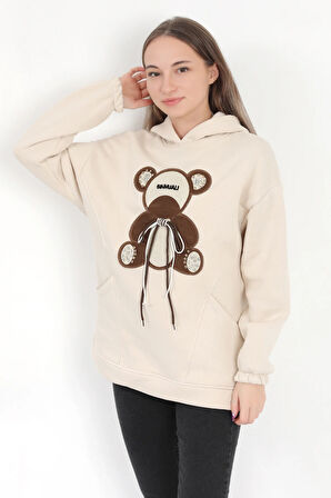Kadın Taş Garnili Ayıcık Nakışlı 3 İplik Şardonlu Cepli Kapüşonlu Sweatshirt - 2551