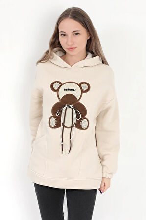 Kadın Taş Garnili Ayıcık Nakışlı 3 İplik Şardonlu Cepli Kapüşonlu Sweatshirt - 2551