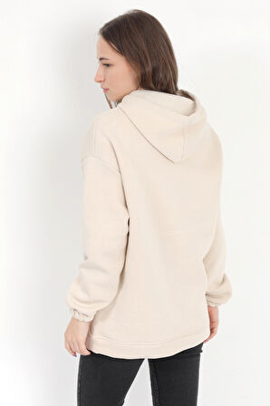 Kadın Taş Garnili Ayıcık Nakışlı 3 İplik Şardonlu Cepli Kapüşonlu Sweatshirt - 2551