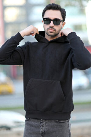 Erkek Kapüşonlu Oversize Sweatshirt Siyah Kanguru Cep İntersoft Hoodie - 5738