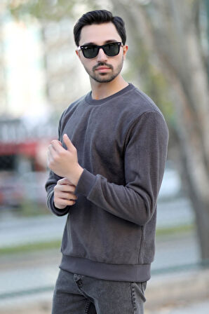 Erkek Oversize Sweatshirt Antrasit İntersoft Ribanalı Bisiklet Yaka Rahat Kesim - 5737