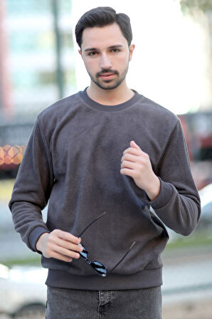 Erkek Oversize Sweatshirt Antrasit İntersoft Ribanalı Bisiklet Yaka Rahat Kesim - 5737
