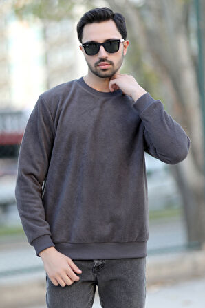 Erkek Oversize Sweatshirt Antrasit İntersoft Ribanalı Bisiklet Yaka Rahat Kesim - 5737