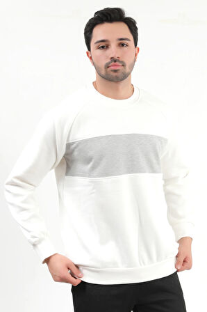 Erkek Ekru Bisiklet Yaka Jakarlı 3İp Sweatshirt - 5783