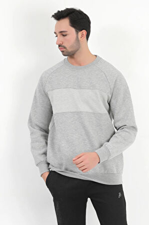 Erkek Gri Melanj Bisiklet Yaka Jakarlı 3İp Sweatshirt - 5783