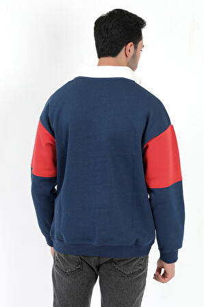 Erkek Dik Yaka Sweatshirt Lacivert 3 İplik Yarım Fermuarlı Garnili Ribanalı - 5719