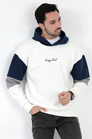 Erkek Kapüşonlu Sweatshirt Beyaz 3 İplik Şardonlu Baskılı Garnili Ribanalı Hoodie - 5299