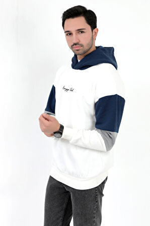 Erkek Kapüşonlu Sweatshirt Beyaz 3 İplik Şardonlu Baskılı Garnili Ribanalı Hoodie - 5299