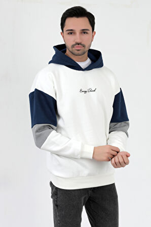 Erkek Kapüşonlu Sweatshirt Beyaz 3 İplik Şardonlu Baskılı Garnili Ribanalı Hoodie - 5299