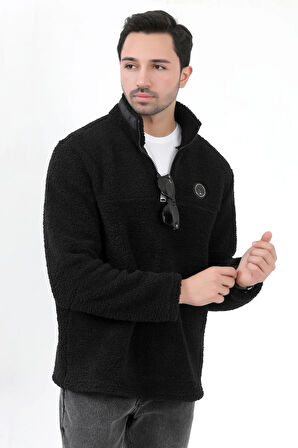 Erkek Peluş Sweatshirt Siyah Yarım Fermuarlı Dik Yaka Nakış Detaylı - 9012