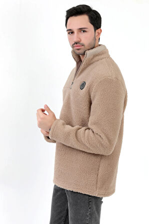 Erkek Peluş Sweatshirt Bej Yarım Fermuarlı Dik Yaka Nakış Detaylı - 9012