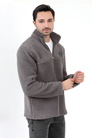 Erkek Peluş Sweatshirt Antrasit Yarım Fermuarlı Dik Yaka Nakış Detaylı - 9012