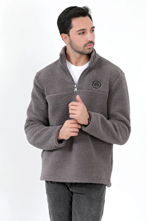 Erkek Peluş Sweatshirt Antrasit Yarım Fermuarlı Dik Yaka Nakış Detaylı - 9012