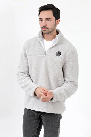 Erkek Peluş Sweatshirt Gri Yarım Fermuarlı Dik Yaka Nakış Detaylı - 9012