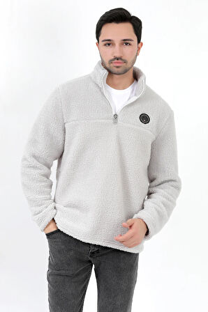 Erkek Peluş Sweatshirt Gri Yarım Fermuarlı Dik Yaka Nakış Detaylı - 9012