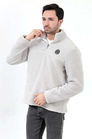 Erkek Peluş Sweatshirt Gri Yarım Fermuarlı Dik Yaka Nakış Detaylı - 9012