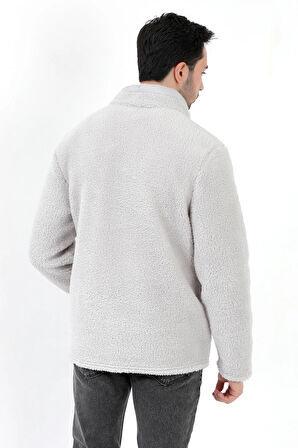 Erkek Peluş Sweatshirt Gri Yarım Fermuarlı Dik Yaka Nakış Detaylı - 9012