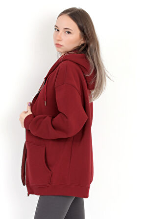 Kadın Bordo Fermuarlı Şardonlu Kapüşonlu Oversize Sweatshirt - 9015