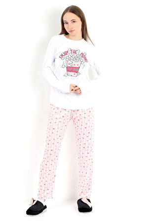 Kadın Uzun Kollu Pamuklu Bisiklet Yaka Beli Lastikli Pijama Takımı - 10029