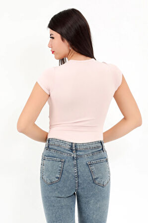 Kadın Pudra Bisiklet Yaka Kısa Kollu Esnek Çıtçıtlı Body Zıbın - 2419
