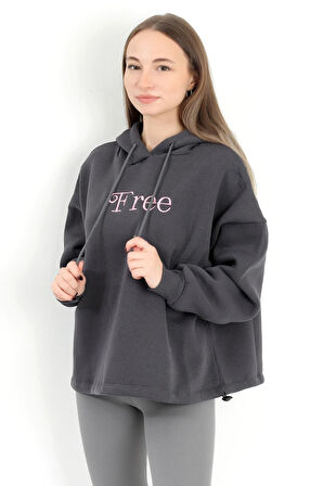 Kadın Füme Free Nakışlı Stoperli 3 İplik Kapüşonlu Sweatshirt Hoodie - 5082