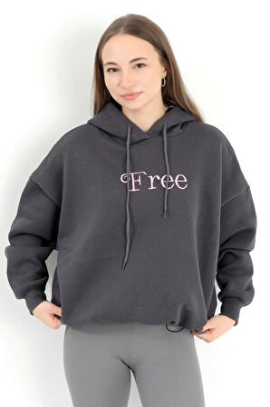 Kadın Füme Free Nakışlı Stoperli 3 İplik Kapüşonlu Sweatshirt Hoodie - 5082