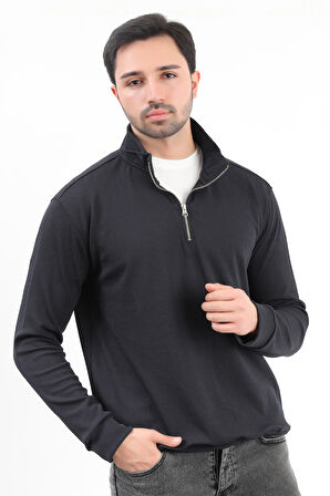 Erkek Lacivert Dik Yaka Yarım Fermuarlı Esnek Örme Regular Fit Sweatshirt - 16814