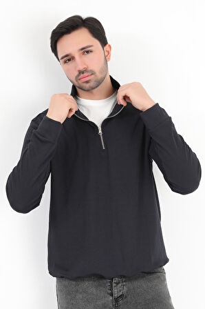 Erkek Lacivert Dik Yaka Yarım Fermuarlı Esnek Örme Regular Fit Sweatshirt - 16814