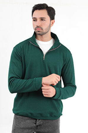 Erkek Yeşil Dik Yaka Yarım Fermuarlı Esnek Örme Regular Fit Sweatshirt - 16814