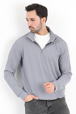 Erkek Gri Dik Yaka Yarım Fermuarlı Esnek Örme Regular Fit Sweatshirt - 16814