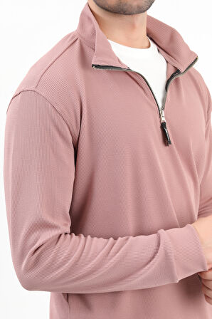 Erkek Pudra Dik Yaka Yarım Fermuarlı Esnek Örme Regular Fit Sweatshirt - 16814