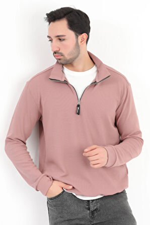 Erkek Pudra Dik Yaka Yarım Fermuarlı Esnek Örme Regular Fit Sweatshirt - 16814