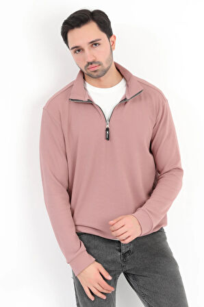 Erkek Pudra Dik Yaka Yarım Fermuarlı Esnek Örme Regular Fit Sweatshirt - 16814