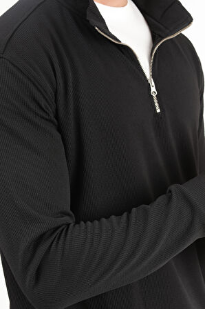 Erkek Siyah Dik Yaka Yarım Fermuarlı Esnek Örme Regular Fit Sweatshirt - 16814