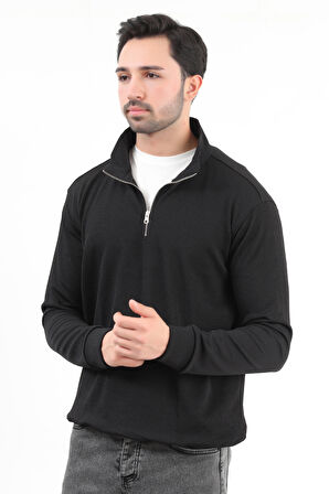 Erkek Siyah Dik Yaka Yarım Fermuarlı Esnek Örme Regular Fit Sweatshirt - 16814