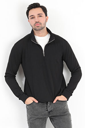 Erkek Siyah Dik Yaka Yarım Fermuarlı Esnek Örme Regular Fit Sweatshirt - 16814