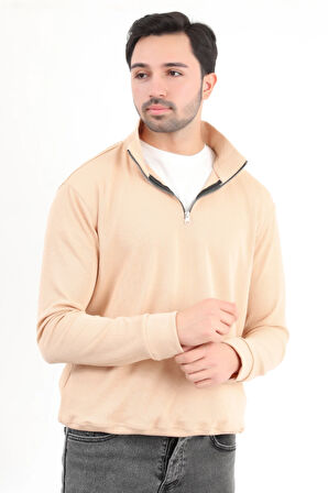 Erkek Bej Dik Yaka Yarım Fermuarlı Esnek Örme Regular Fit Sweatshirt - 16814