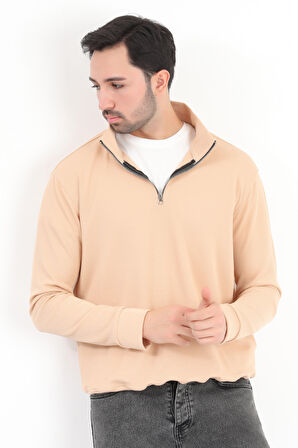 Erkek Bej Dik Yaka Yarım Fermuarlı Esnek Örme Regular Fit Sweatshirt - 16814