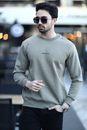 Erkek Bisiklet Yaka 3İplik Baskılı Sweatshirt Açık Haki - 5012-1