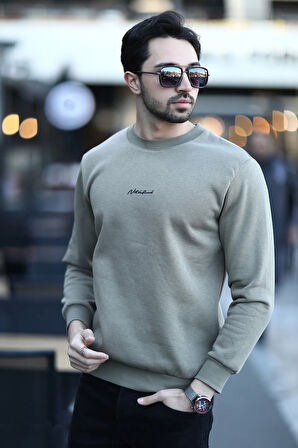 Erkek Bisiklet Yaka 3İplik Baskılı Sweatshirt Açık Haki - 5012-1