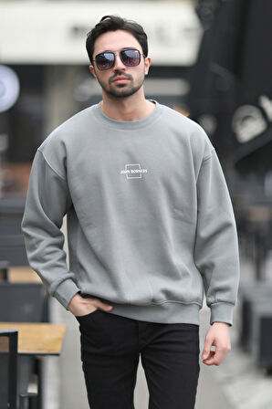 Erkek Bisiklet Yaka Marka Baskılı Üç İplik Şardonlu Sweatshirt Gri - 5255-1