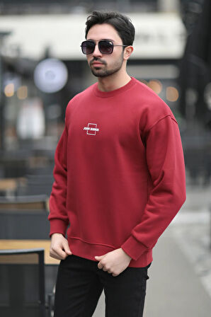 Erkek Bisiklet Yaka Marka Baskılı Üç İplik Şardonlu Sweatshirt Bordo - 5255-1