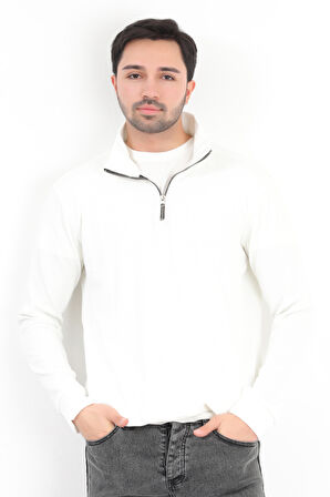 Erkek Ekru Dik Yaka Yarım Fermuarlı Esnek Örme Regular Fit Sweatshirt - 16814